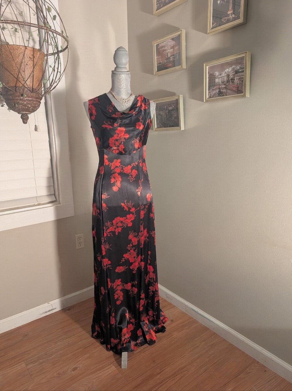 Vintage Liz Claiborne Black Rose Satin Floral Sleeveless Cowl Neck Maxi Dress